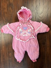 VTG London Fog Pink Teddy Bear Heart Eyelet Trim Snowsuit / Snow Bunting 12 MOS