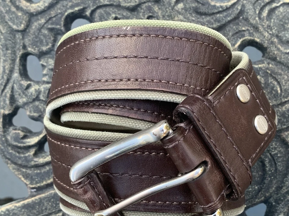 COACH Safari Belt Khaki Woven Wool Trim Brown Leather Mens Sz: 40 /100cm - Image 3 of 4