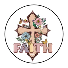 30 FAITH STICKERS ENVELOPE SEALS LABELS 1.5" ROUND FLORAL CROSS FLOWERS EASTER