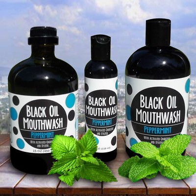 Black Oil Mouthwash for Oil Pulling w/ Xylitol & Charcoal, Sweet Peppermint