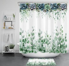Spring Rustic Green Leaf Succulent Plant Shower Curtain Set for Bathroom Decor