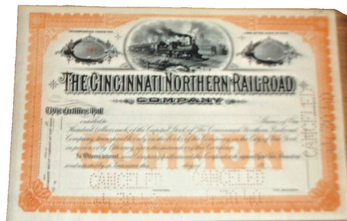 1900 CINCINNATI NORTHERN RAILROAD NYC CANCELLED UNISSUED STOCK CERTIFICATE