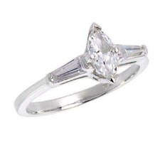 Sterling Silver Engagement Ring w/ 7.5x3.5mm 0.35ct Marquise  Baguette Cut CZ