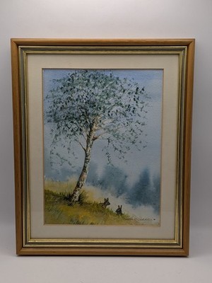 Brian O'Connell Birke Baum Kaninchen Szene gerahmt Original Aquarell Gemälde