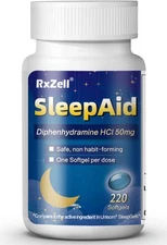 RXZELL Sleep Aid Diphenhydramine 50mg Easy-to-Swallow Softgels Supports Deepe...