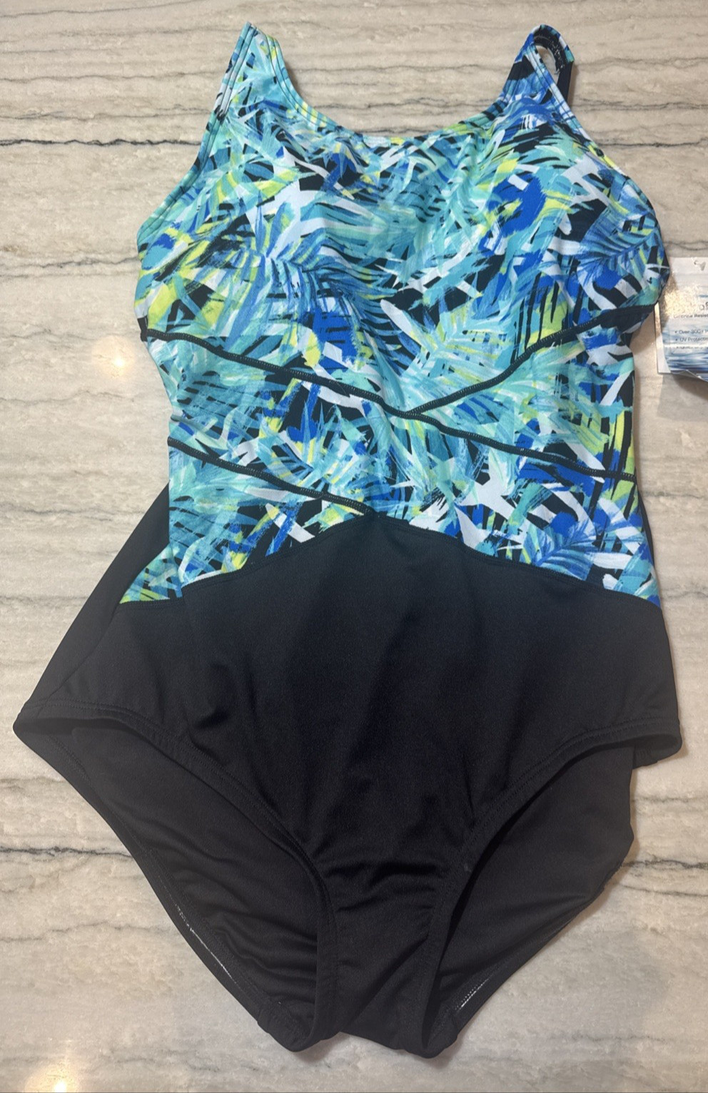 Gabar Hydrofinity Sz 16D Swimsuit New With Tags High Neck Green Blue Palm Leaves