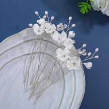 Handmade Bridal Wedding Hair Pins 5Pcs White Flower Zircon Pearl Hair Clips Silv