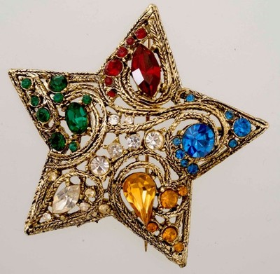 Vintage La Roca Star Brooch Pin Colorful Jewel Tone Rhinestones 2.5''