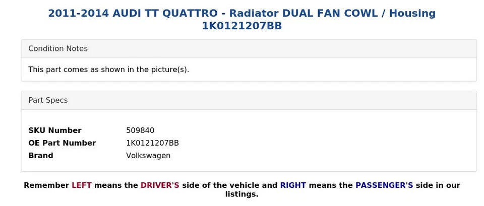 AUDI TT QUATTRO 2011-2014 - Radiador doble ventilador capucha/carcasa 1K0121207BB Foto 4 de 4