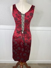 Vtg y2k Goth Vamp Dress Satin Red Floral Brocade Lace Up Corset Sz 2 Whimsigoth