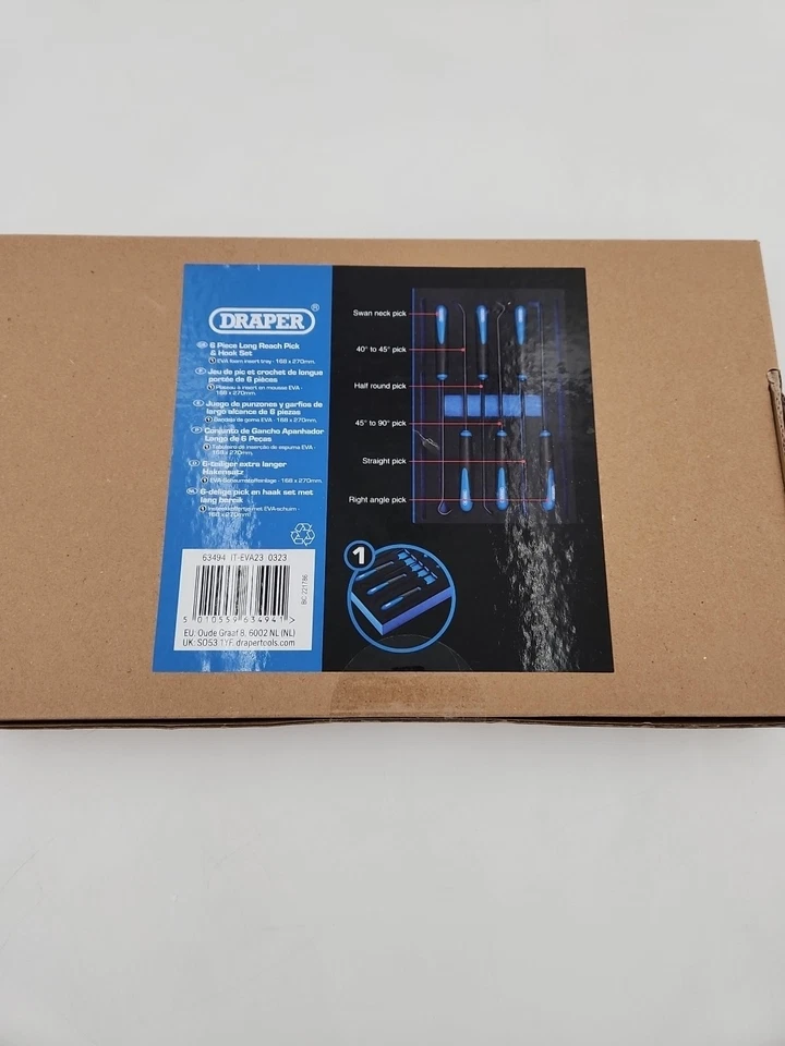 Draper 6 Piece Long Reach Hook and Pick Set in Eva Insert Tray 63494 Sealed - Image 3 of 4