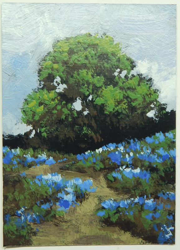 ACEO Original Landscape, Bluebonnet nature scene the art of JL Aun