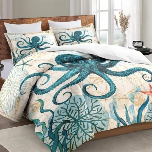 Juego de edredón tamaño con funda de almohada, pulpo coral marino 2 piezas doble multi 15 Foto 3 de 4