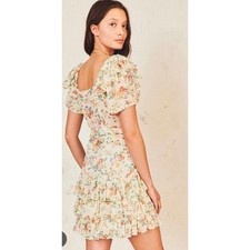 LoveShackFancy Silk Floral Ruffle Mini Dress White Multi Square Neck Size 10