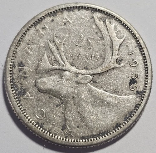 1956 Canadian 25 Cents Silver Quarter Caribou Coin (A106)