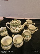 White Green Floral Glazed Ceramic Tea Set 7pc Teapot, 4 Cups, Creamer