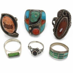 Southwest Sterling Turquoise Red Coral Inlay 3.75-10.75 Rings Lot of 6 #S5483-4