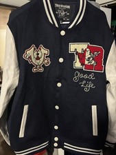 True Religion Varsity Jacket Navy White Red Embroidered Logo Button Closure Men