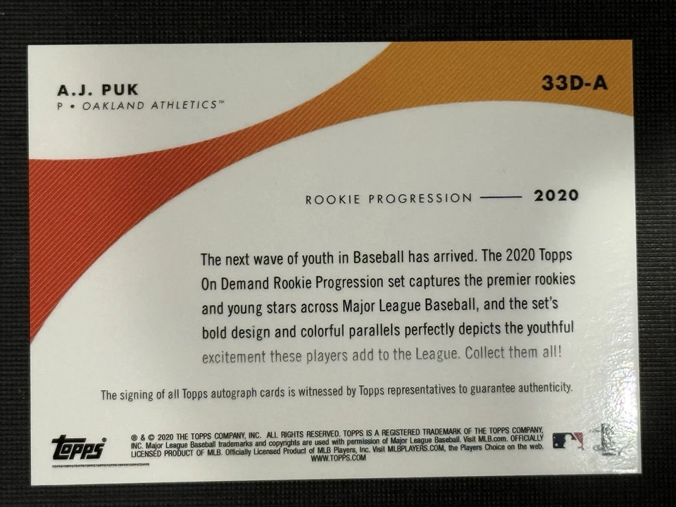 A.J. Puk 2020 Topps On Demand AUTO Rookie Progression RED RC 4/10 A's - Image 2 of 2