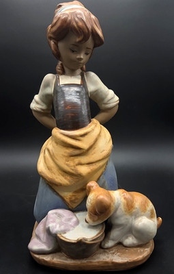 Lladro #2096 ''Nosy Puppy''/''Kitchen Maid with Dog'' Gres Finish Porcelain Figure