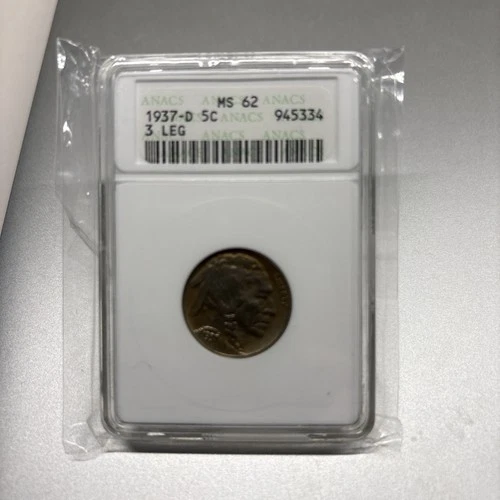 1937 D 5C Buffalo Nickel ANACS MS 62 | Uncirculated UNC BU | 3 Leg