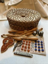 Antique Sewing Woven Reed Basket With Notions Early 1900's