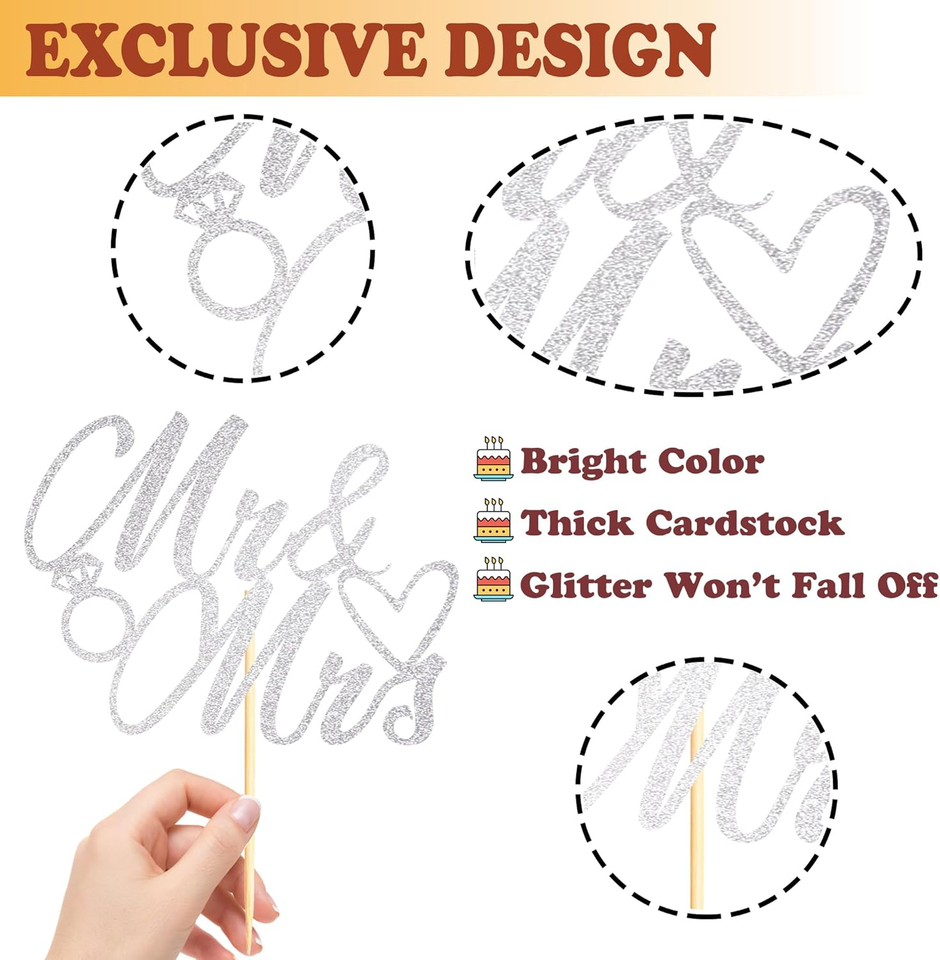 1 Pack Mr Mrs Cake Topper, Silver Glitter Love Mr Mrs Cake Pick Wedding