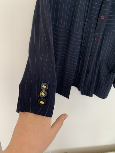 Super Vintage 80s 90s Y2K Two Piece Rayon Suit Floaty Pinstripe Yellow Navy S/M - Picture 5 of 12