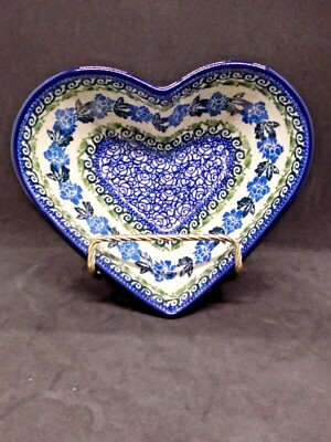 Polish Pottery Ceramika Artystyczna Heart Shaped Dish/Bowl Mold Blue Rose??