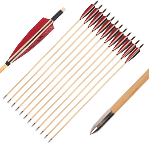 12Pcs 32inch Wooden Arrows for Recurve Bow Handmade Shaft Turkey Feather Hunting