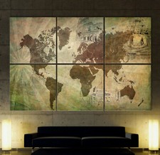 Carte Du Monde 6 - Toile Image Art Moderne Tableau Mural Noyer Braun Taille XXL
