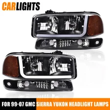 LED DRL Black Headlights W/ Bumper Signal Lamps Fit For 1999-07 GMC Sierra Yukon