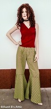 60's-70's Bell Bottom Pants Gr/Dk Pink/ Yellow Print Groovy Costume Pants