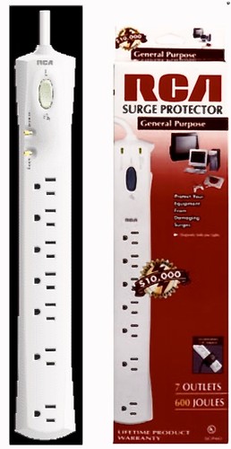 RCA 7-Outlet Surge Strip Protector 600Jou. 4' Cord White Wall Tap LIFETIME $10K - 第 3/8 張圖片
