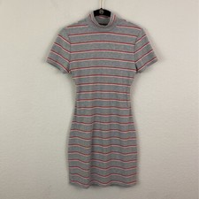 Tobi Womens Knit Bodycon Dress Gray Red Striped Stretch Mock Neck Cutout Back S