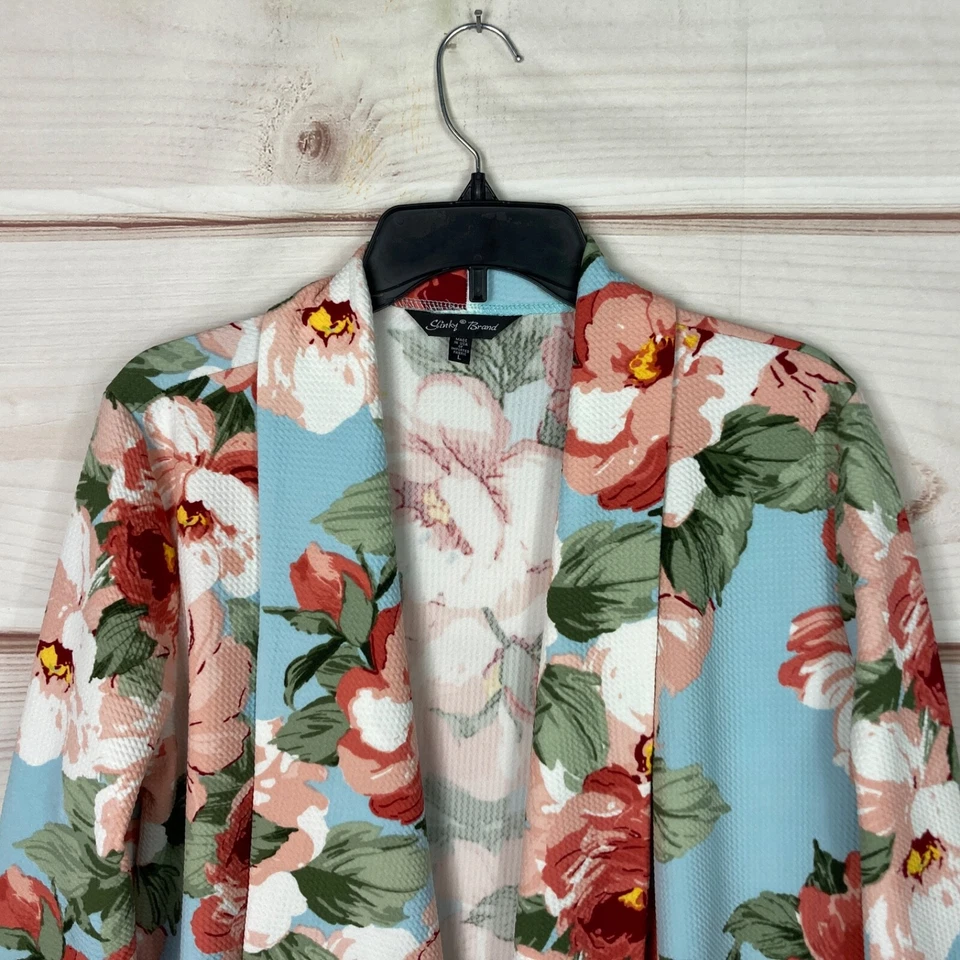 Chaqueta Marca Slinky Mujer L Azul Floral Textura Tejida Frente Abierto Chal Cuello Foto 2 de 4