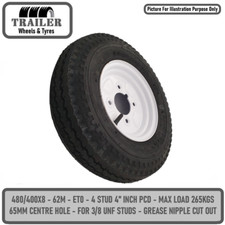 Trailer Wheel Rim and Tyre Complete 480/400 x 8 inch 4 Ply 4 x 4 inch PCD White