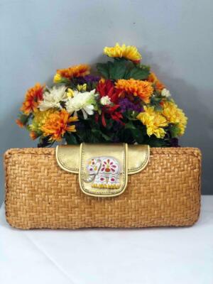 RAFE New York Elephant Natural Woven Gold Tone Straw Clutch 