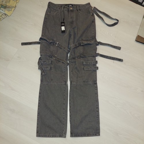NEW Womens Grey Jeans Sz 7 (27 X 32) High Rise Cargo 6 Pockets Wide Straigh Leg