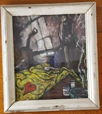 Surrealist Drug User Oil on Board Painting on Distressed Wood Frame