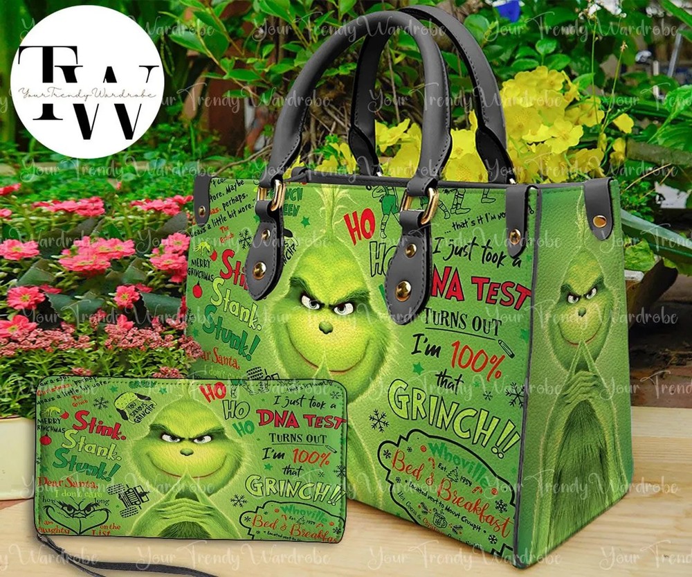 Personalized Grinch Christmas Leather Handbag, Grinch Women Bags, Grinch Lovers