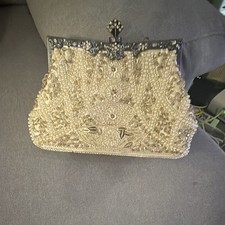 Women s Ivory Beaded Clutch Metal Frame Silver Hardware Clasp Closure