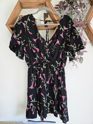 Angie Black & Pink Floral Dress Size Large V Neck