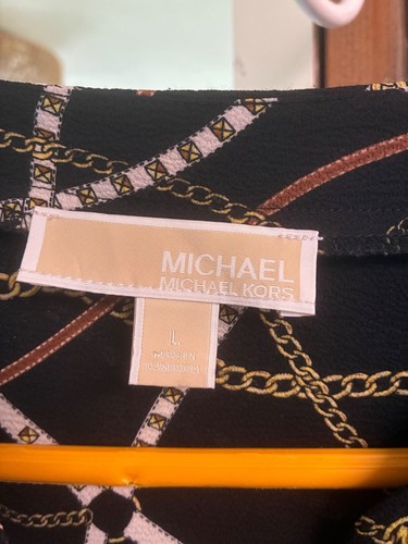 Michael Kors Womens Chain Print Long Sleeve Blouse Size L Black & Gold Polyester - Picture 3 of 4