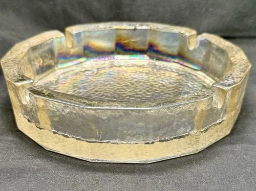 Vintage Federal Glass Iridescent Ashtray 8 In Large Heavy Pebble Bark Art Glass