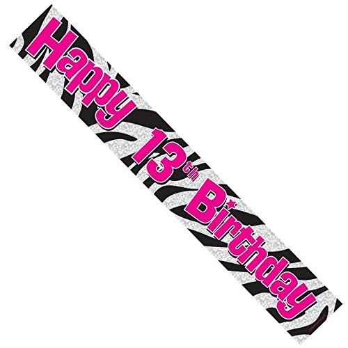 Happy 13th Birthday Pink Silver Zebra 9ft foil Banner Party Age 13 Holographic