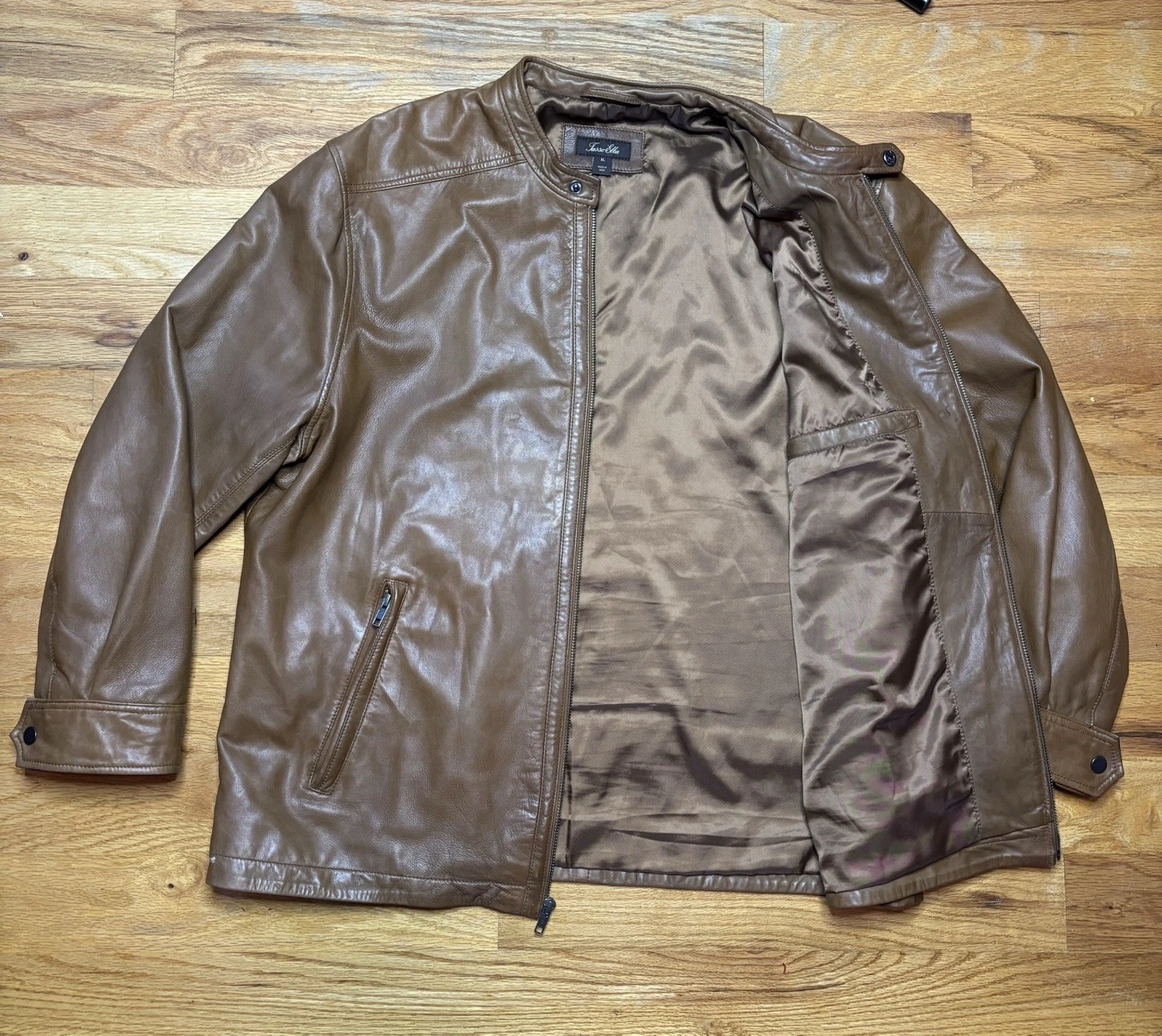 TASSO ELBA Mens Brown Soft Leather Cafe Racer Motorcycle Full Zip Jacket Sz XL image 3