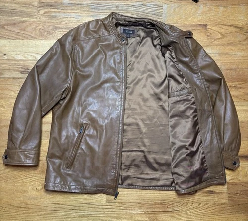 TASSO ELBA Mens Brown Soft Leather Cafe Racer Motorcycle Full Zip Jacket Sz XL image 3