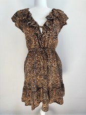 Old Navy Women’s Large Brown Tan Black Animal Print Dress Ruffle Tie Waist Rayon