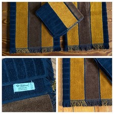 Fieldcrest Yves Saint Laurent 2 Hand Towels & Facecloth Blue Gold Stripe VTG 70s